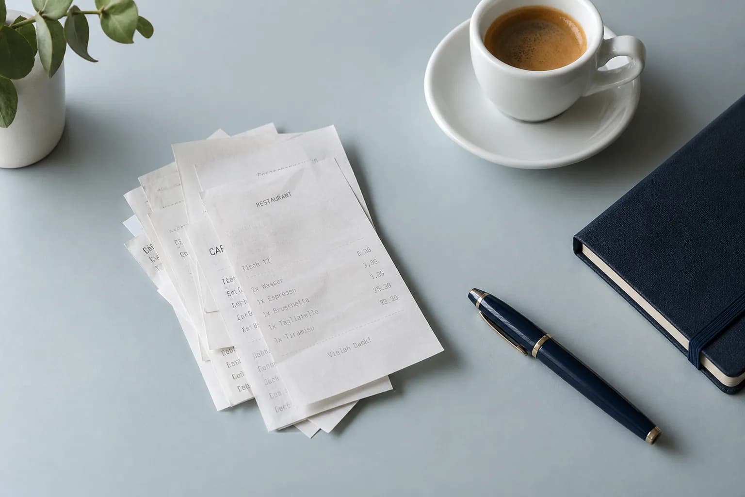 Restaurantbelege, Füller und Notizbuch auf einem hellen Schreibtisch